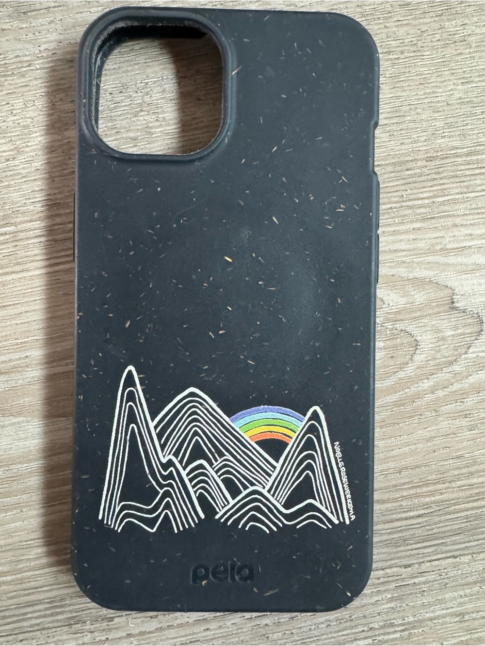 Pela iPhone 14 case - gently used black with mountain rainbow